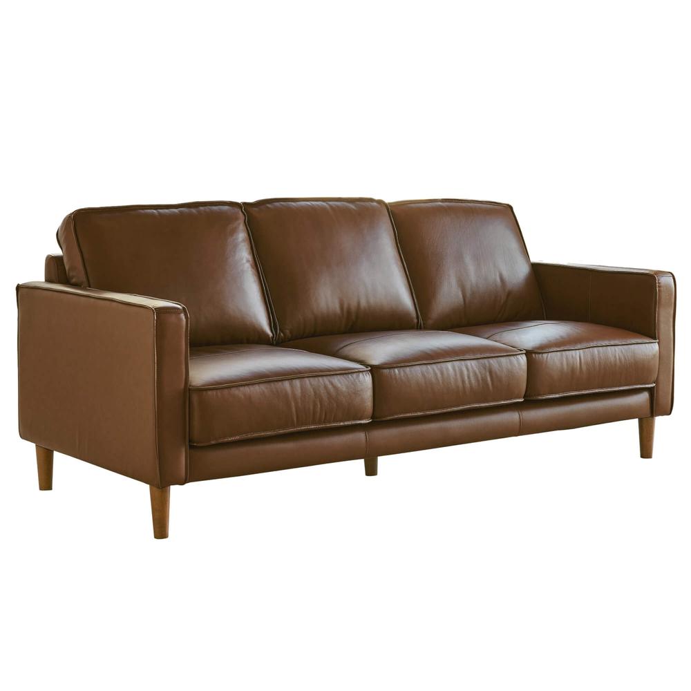 Sunset Trading Prelude 79" Wide Top Grain Leather Sofa | Chestnut Brown | Mid Century Modern 3 Seater Couch. Picture 6