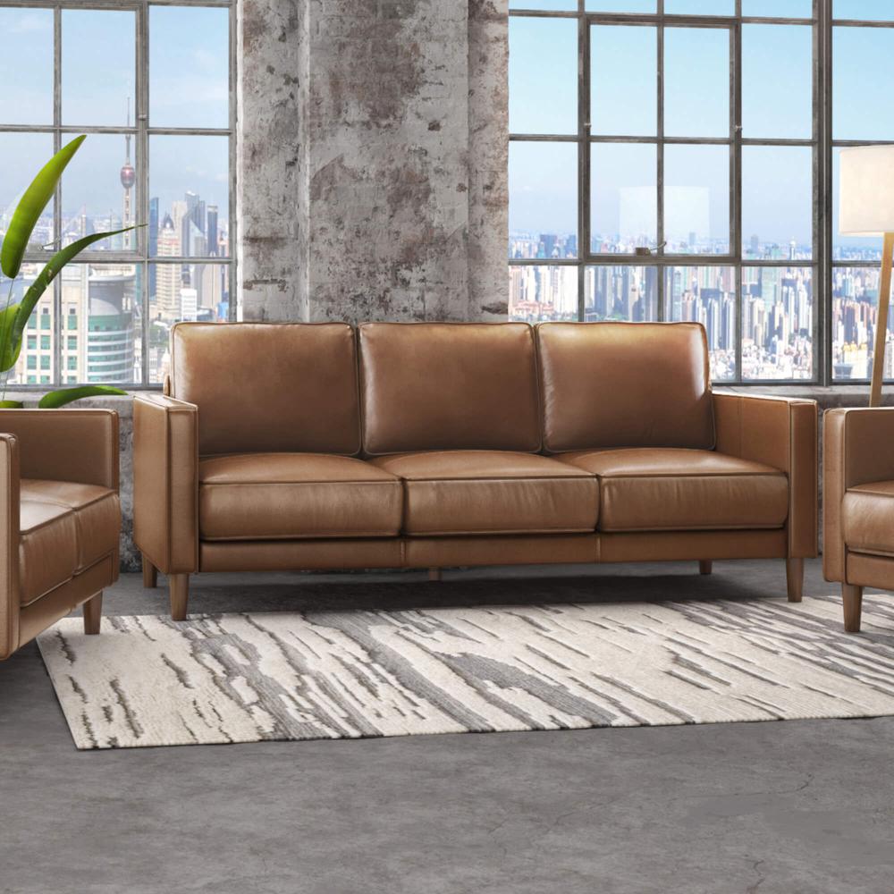 Sunset Trading Prelude 79" Wide Top Grain Leather Sofa | Chestnut Brown | Mid Century Modern 3 Seater Couch. The main picture.