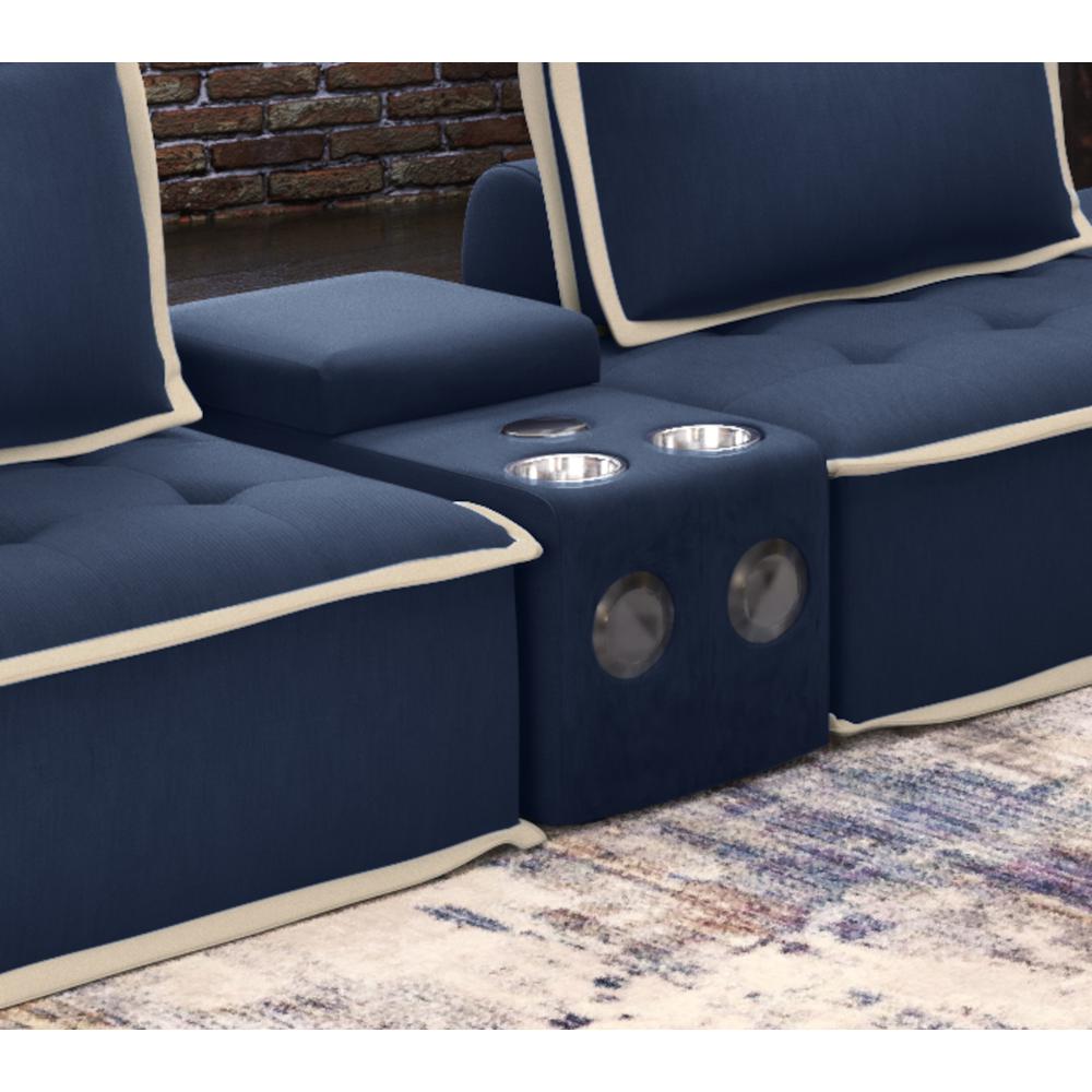Sunset Trading Pixie Speaker Console | Modular Voice Bluetooth USB Outlets Storage Cupholders | Navy Fabric. Picture 1