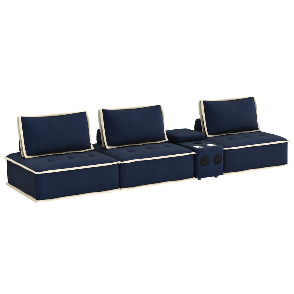 Sunset Trading Pixie 4 Piece Sofa Sectional | Modular Couch | Bluetooth Speaker Console Outlets USB Storage Cupholders | Navy Blue and Cream Fabric. The main picture.