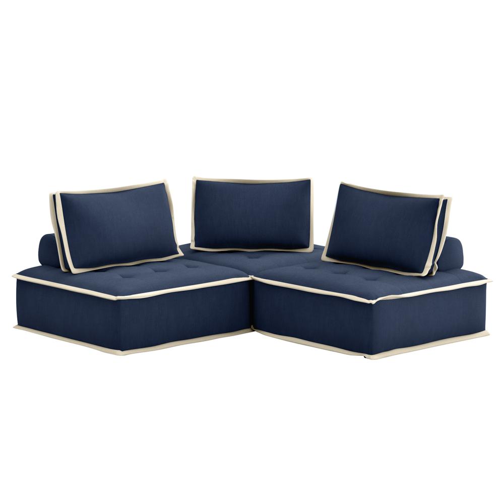 Sunset Trading Pixie 3 Piece Sofa Sectional | Modular Couch | Navy Blue and Cream Fabric. Picture 3