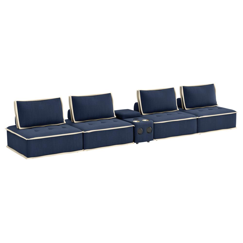 Sunset Trading Pixie 5 Piece Sofa Sectional | Modular Couch | Bluetooth Speaker Console Outlets USB Storage Cupholders | Navy Blue and Cream Fabric. Picture 3