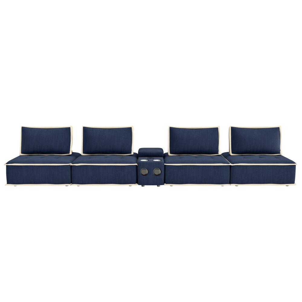Sunset Trading Pixie 5 Piece Sofa Sectional | Modular Couch | Bluetooth Speaker Console Outlets USB Storage Cupholders | Navy Blue and Cream Fabric. The main picture.