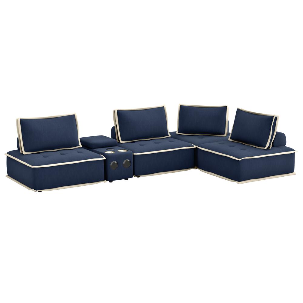 Sunset Trading Pixie 5 Piece Sofa Sectional | Modular Couch | Bluetooth Speaker Console Outlets USB Storage Cupholders | Navy Blue and Cream Fabric. Picture 4