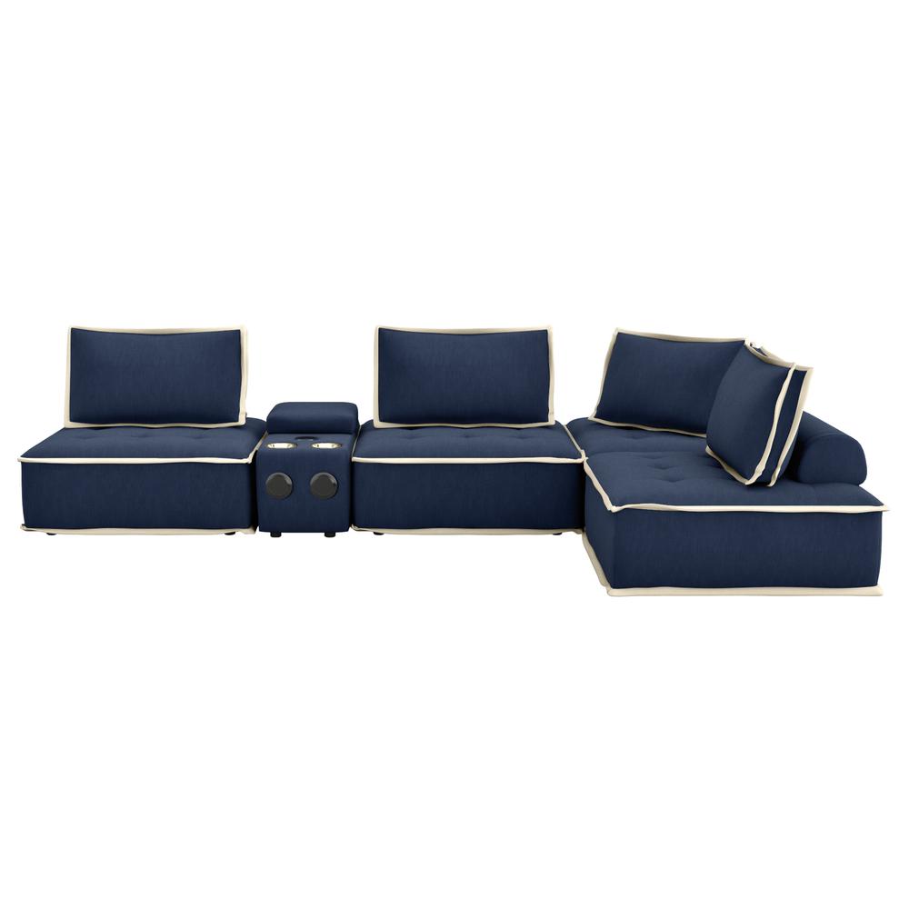 Sunset Trading Pixie 5 Piece Sofa Sectional | Modular Couch | Bluetooth Speaker Console Outlets USB Storage Cupholders | Navy Blue and Cream Fabric. Picture 5