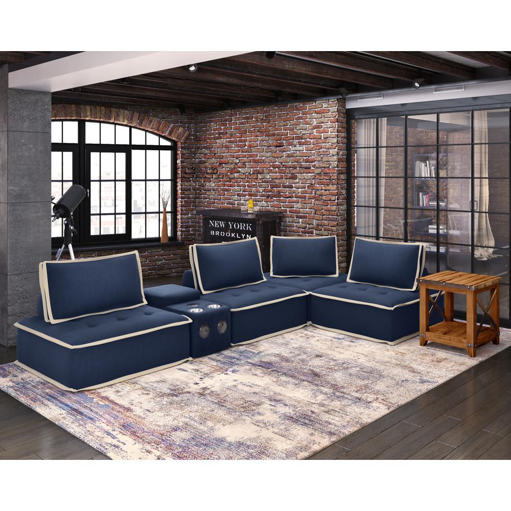 Sunset Trading Pixie 5 Piece Sofa Sectional | Modular Couch | Bluetooth Speaker Console Outlets USB Storage Cupholders | Navy Blue and Cream Fabric. Picture 6
