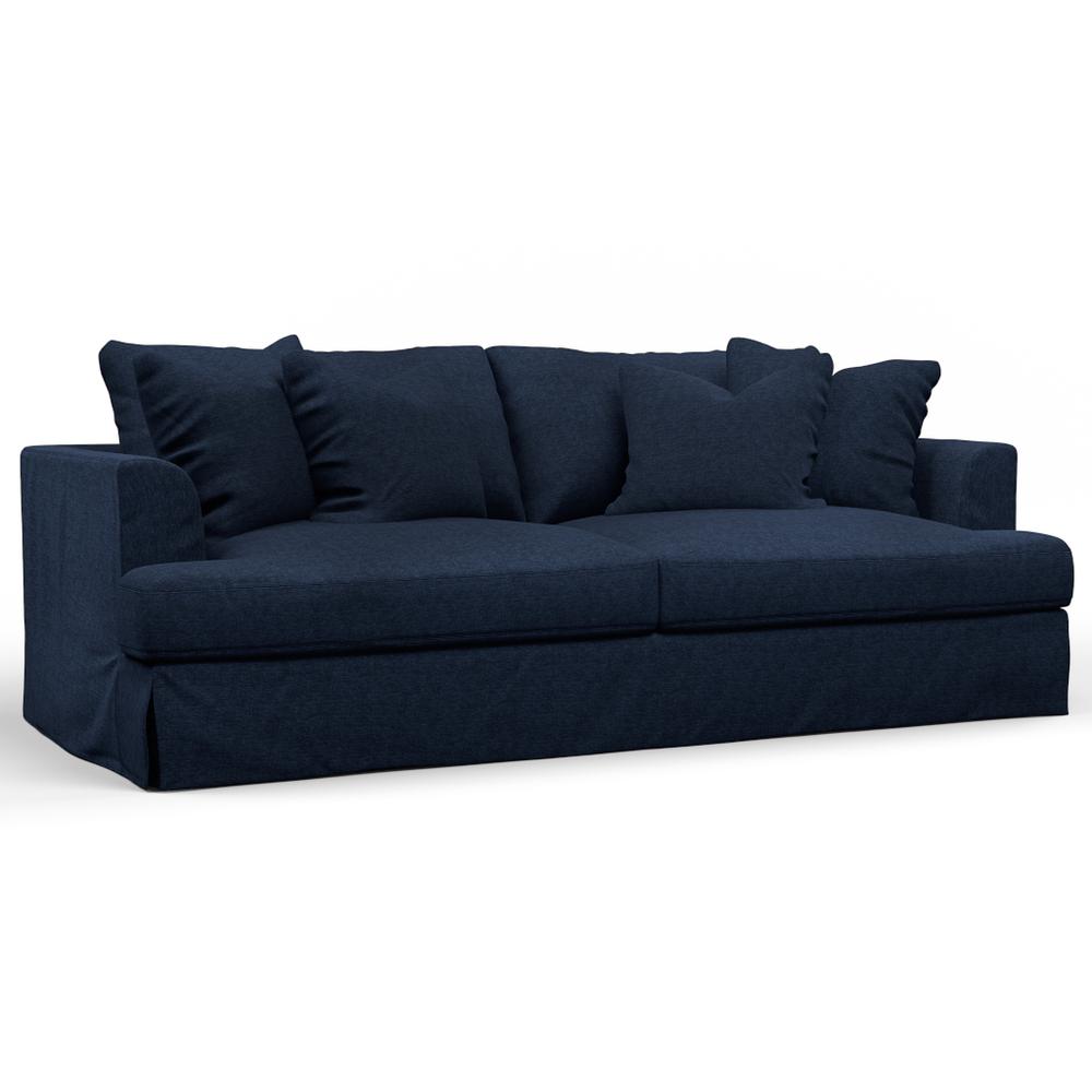 Sunset Trading Newport Slipcovered Recessed Fin Arm 94" Sofa | Stain Resistant Performance Fabric | 4 Throw Pillows | Navy Blue. Picture 1