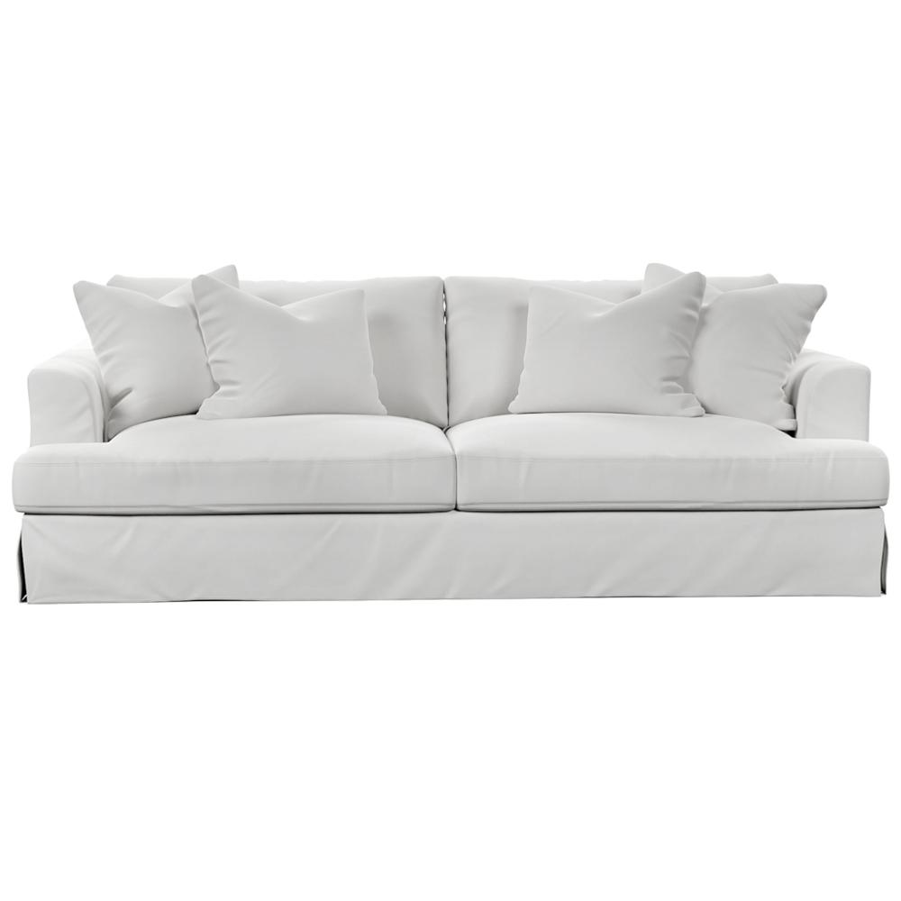 Sunset Trading Newport Slipcovered Recessed Fin Arm 94" Sofa | Stain Resistant Performance Fabric | 4 Throw Pillows | White. Picture 1