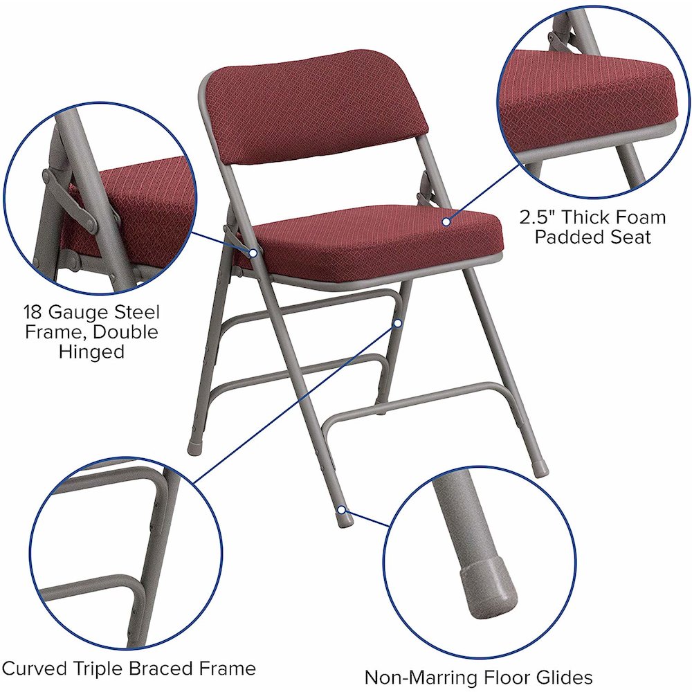 HERCULES Series Premium Curved Triple Braced & Double Hinged Burgundy Fabric Metal Folding Chair pack of 4. Picture 6