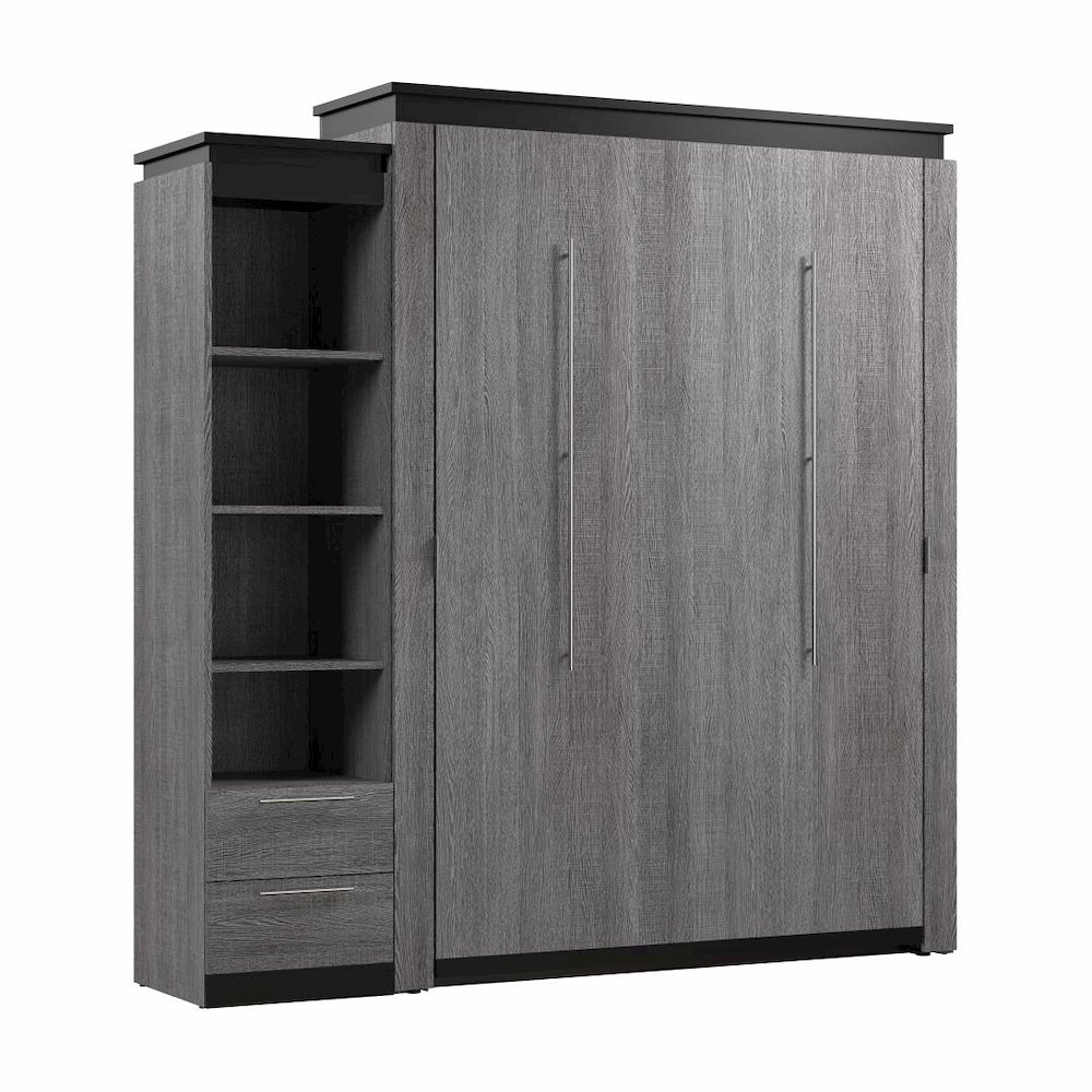 Queen Murphy Bed with Shelves and Drawers (87W) in White and Walnut Grey. Picture 1
