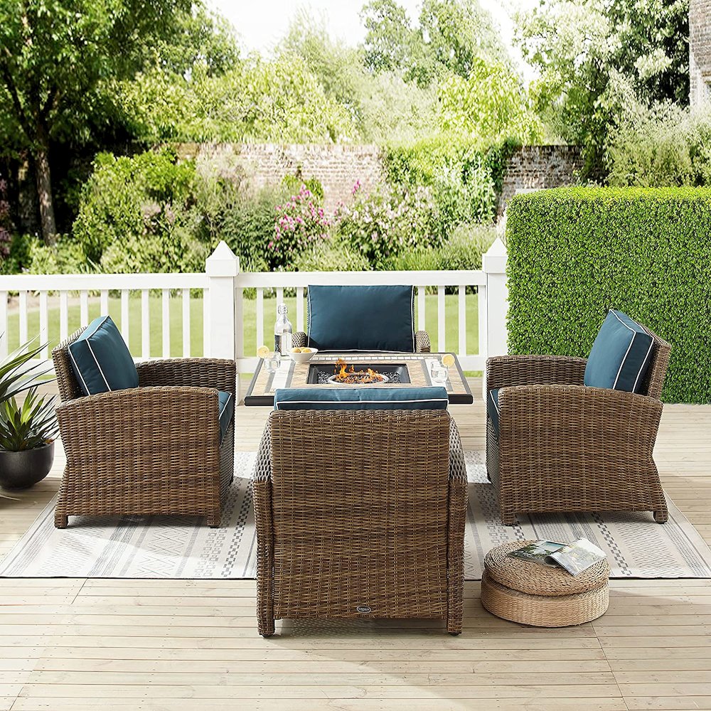 Bradenton 5Pc Outdoor Wicker Conversation Set W/Fire Table Navy/Weathered Brown - Tucson Fire Table & 4 Armchairs. Picture 2