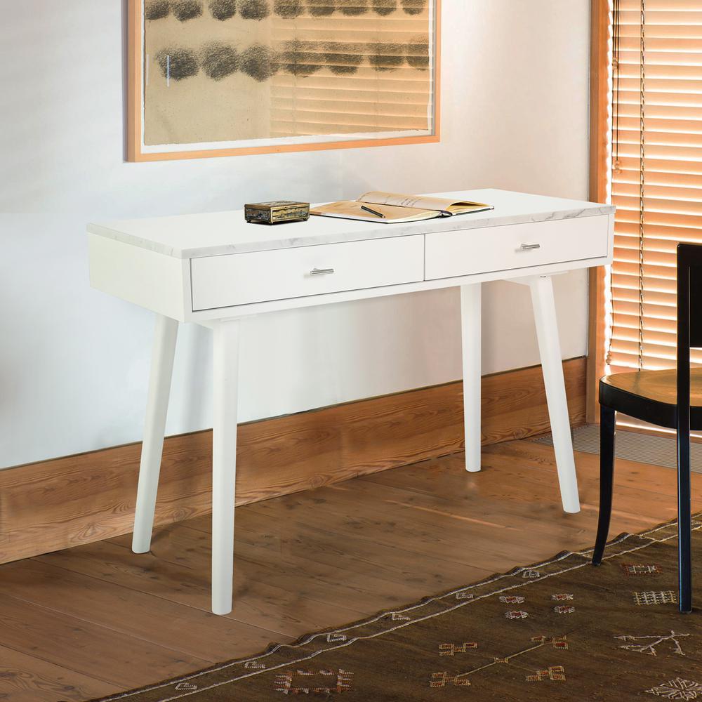 Viola 44" Rectangular White Marble Writing Desk with White Legs, TBC-4103-PT1736-WHT. Picture 7