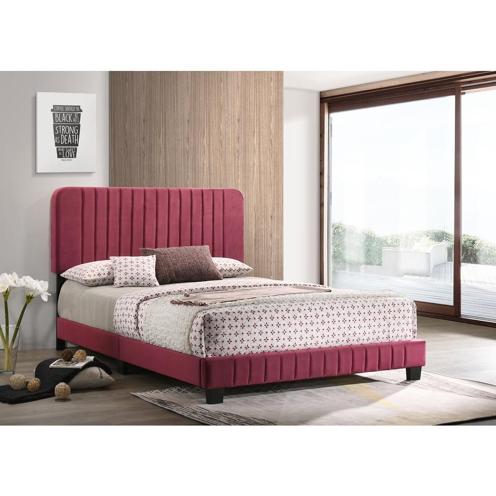 Lodi Cherry Velvet Upholstered Channel Tufted King Panel Bed. Picture 5