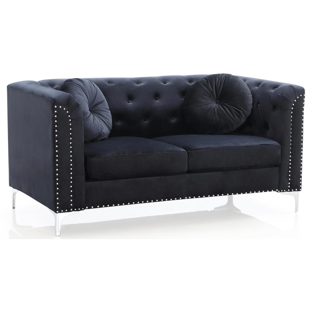 Pompano 62 in. Black Tufted Velvet 2-Seater Sofa with 2-Throw Pillow. Picture 2