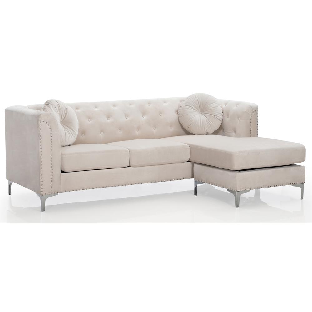 Pompano 83 in. Ivory Tufted Velvet Sectional with 2-Throw Pillow. Picture 2