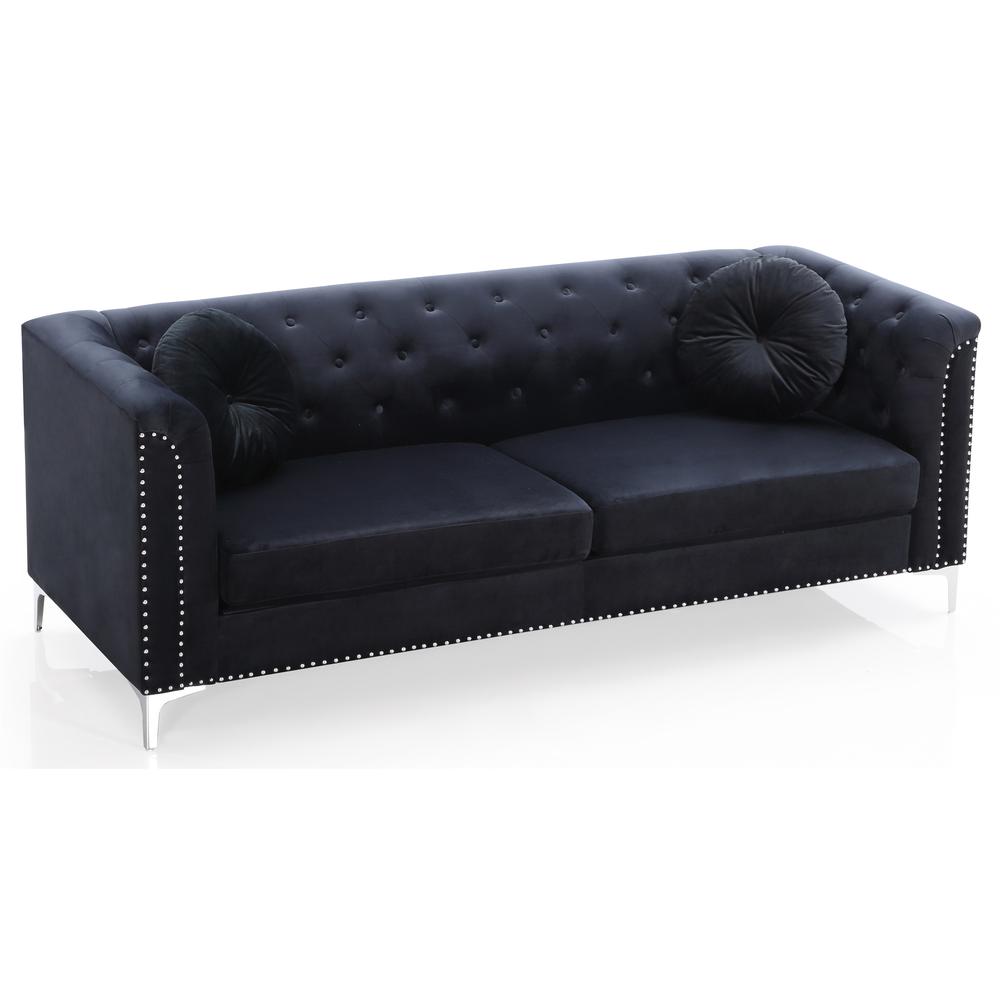 Pompano 83 in. Black Tufted Velvet Loveseat with 2-Throw Pillow. Picture 2
