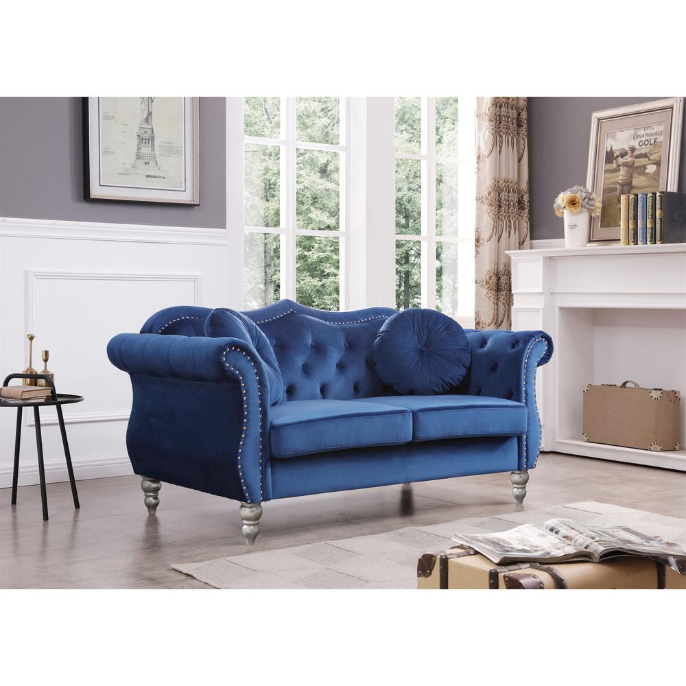 Hollywood 68 in. Navy Blue Velvet Chesterfield Loveseat with 2-Throw Pillow. Picture 5