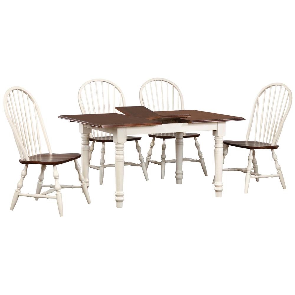 Andrews 5-Piece Solid Wood Top Distressed Antique White with Chestnut Brown Dining Table Set with Extendable Butterfly and Spindle Back Chairs. Picture 1