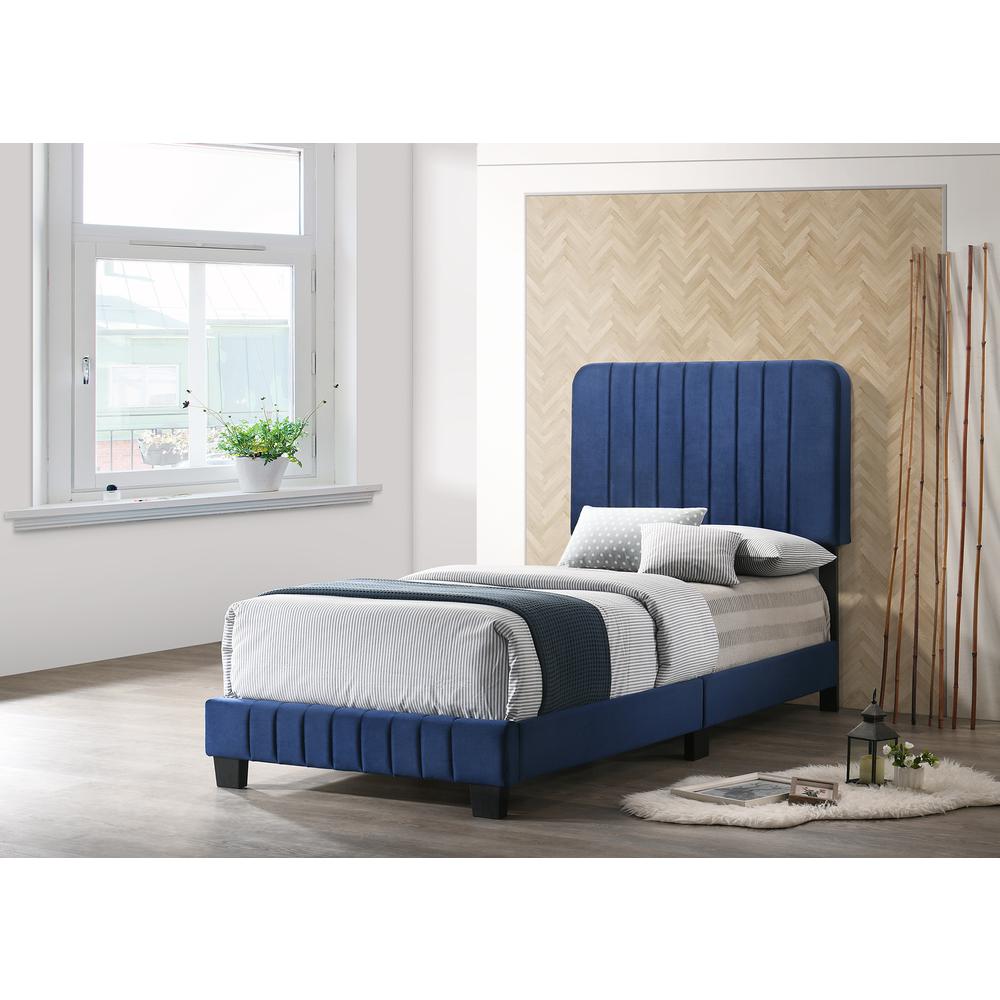 Lodi Navy Blue Velvet Upholstered Channel Tufted Twin Panel Bed. Picture 5