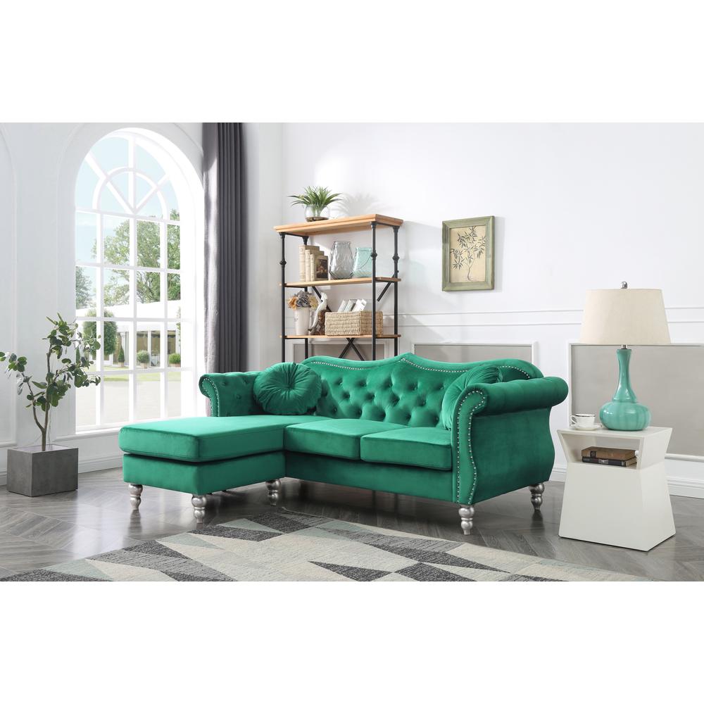 Hollywood 81 in. Green Velvet Chesterfield Sectional Sofa with 2-Throw Pillow. Picture 5