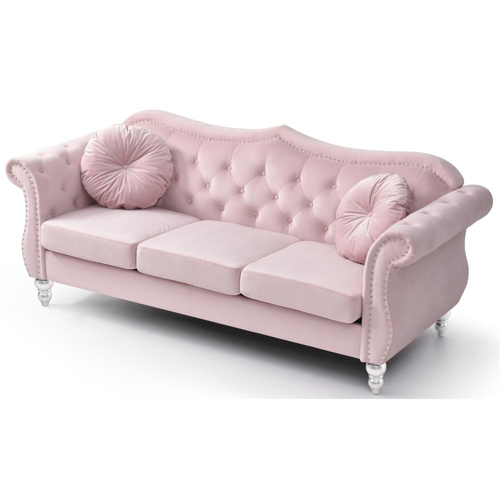Hollywood 82 in. Pink Velvet Chesterfield 3-Seater Sofa with 2-Throw Pillow. Picture 3