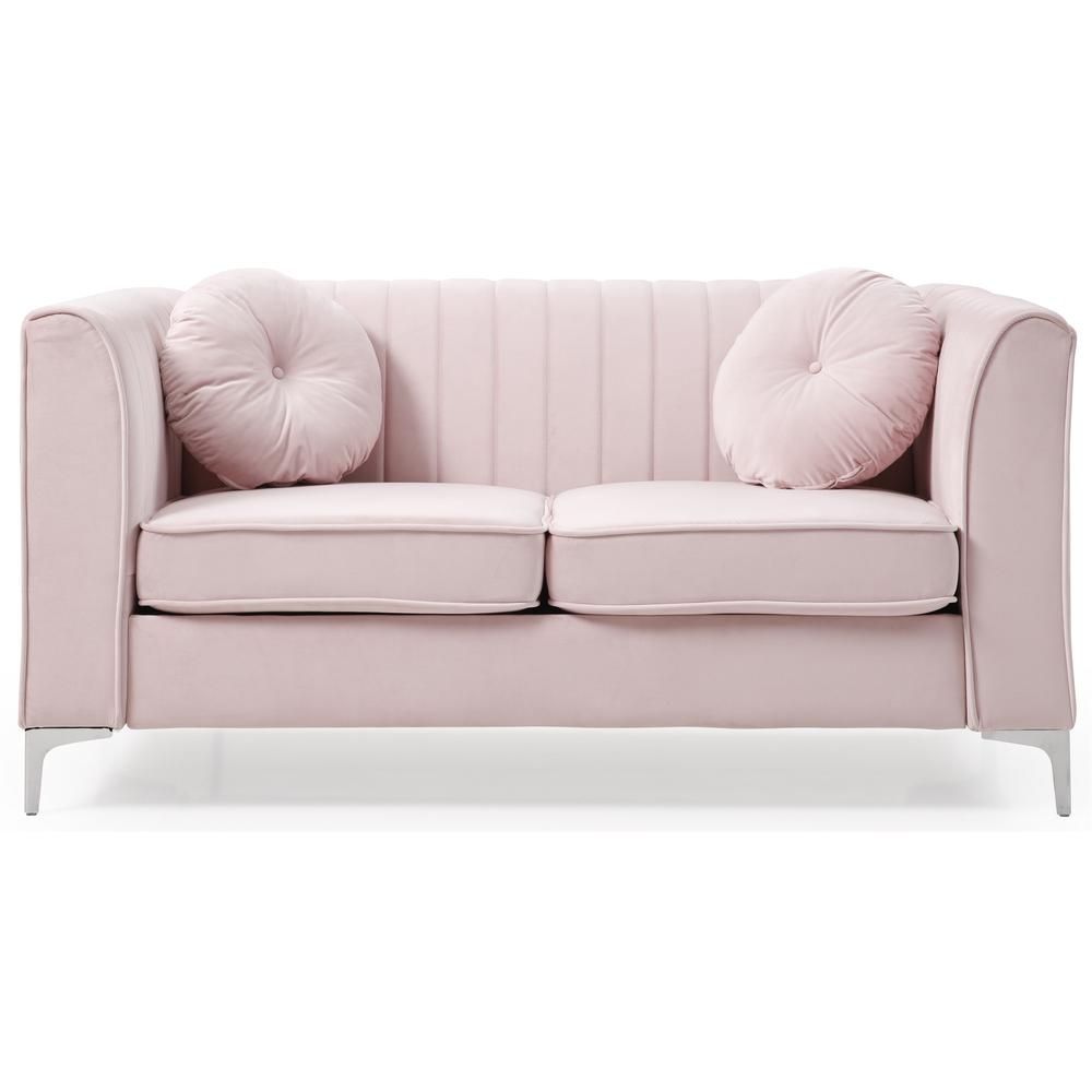 Delray 65 in. Pink Tuxedo Arm Velvet Loveseat with 2-Throw Pillow. Picture 2