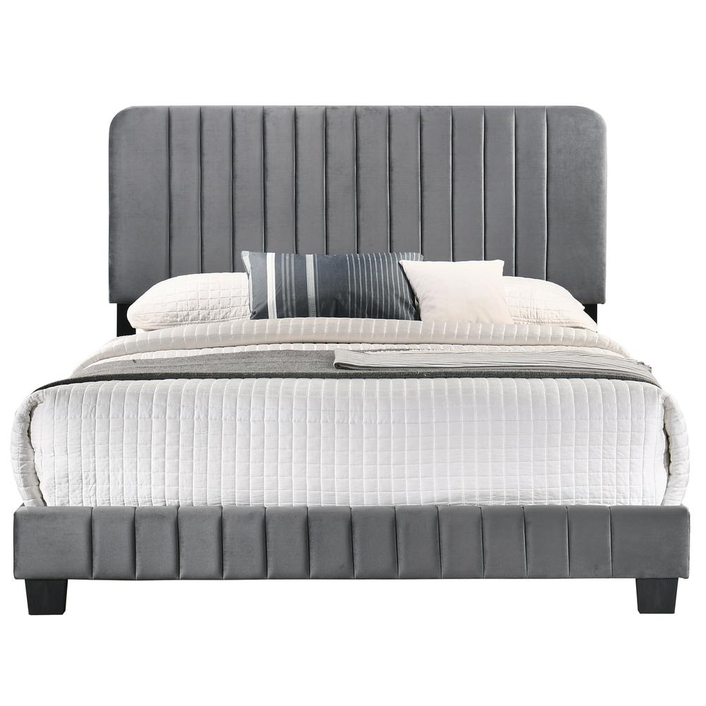 Lodi Gray Velvet Upholstered Channel Tufted King Panel Bed. Picture 2
