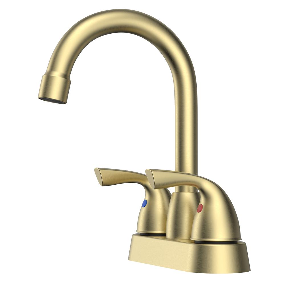 Bianca 4 in. Surface Mounted 2 Handles Bathroom Faucet with Drain Kit Included in Brushed Gold. Picture 3
