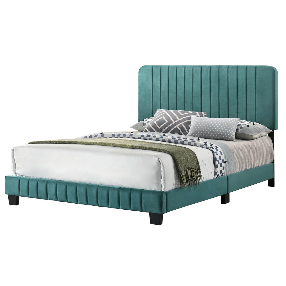 Lodi Green Velvet Upholstered Channel Tufted King Panel Bed. Picture 1