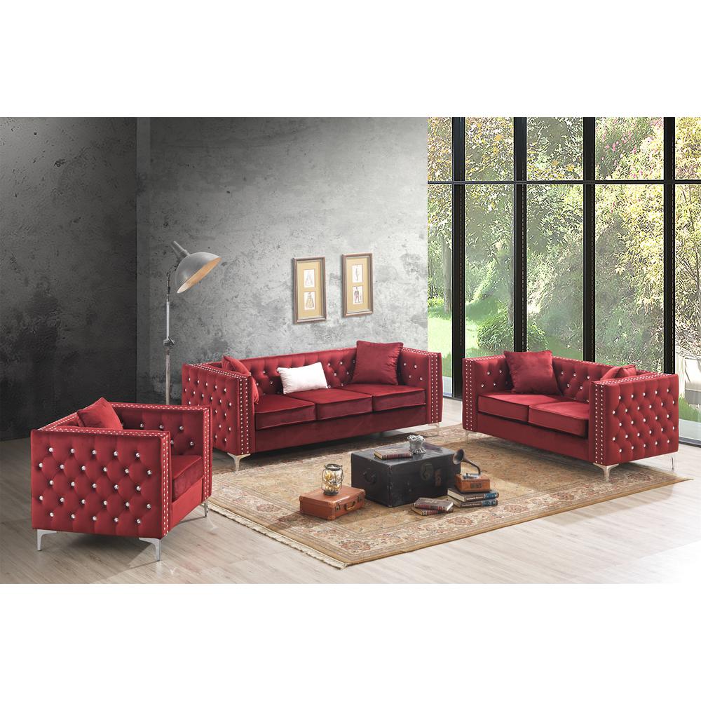 Paige 86 in. Burgundy Velvet 3-Seater Sofa with 2-Throw Pillow. Picture 4