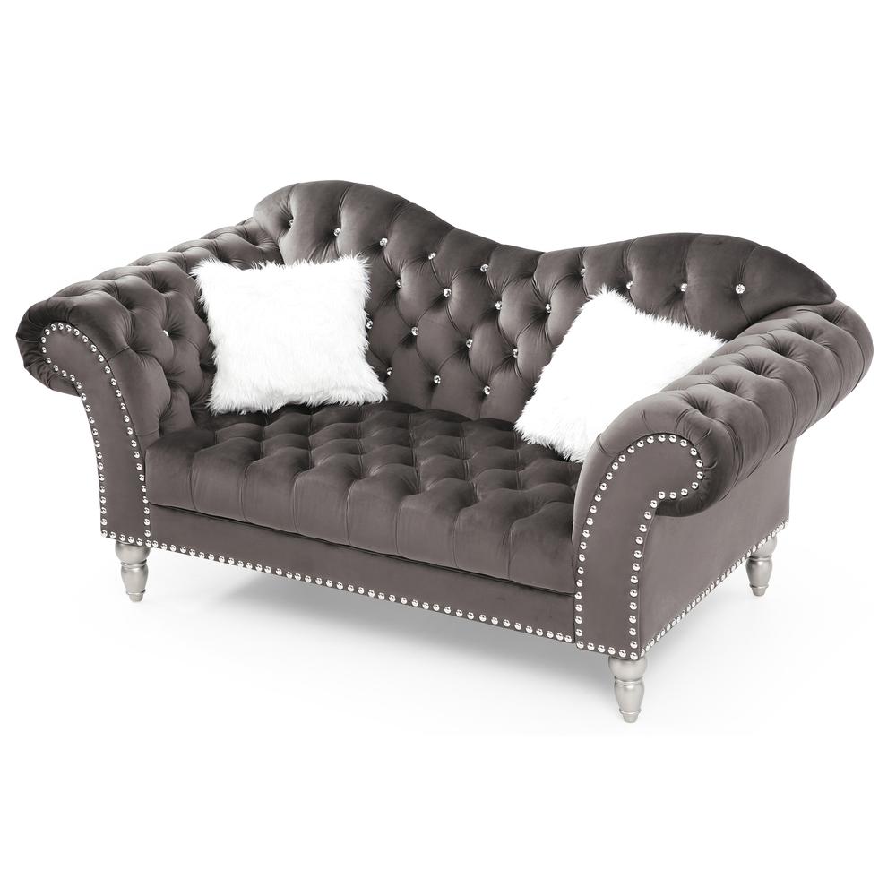 Wilshire 75 in. Dark Gray Velvet 3-Seater Sofa with 2-Throw Pillow. Picture 3