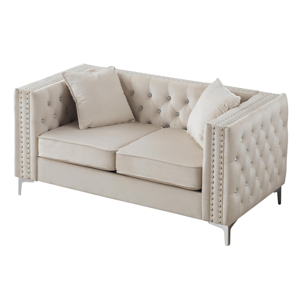 Paige 63 in. Ivory Tufted Velvet Loveseat With 2-Throw Pillows. Picture 2