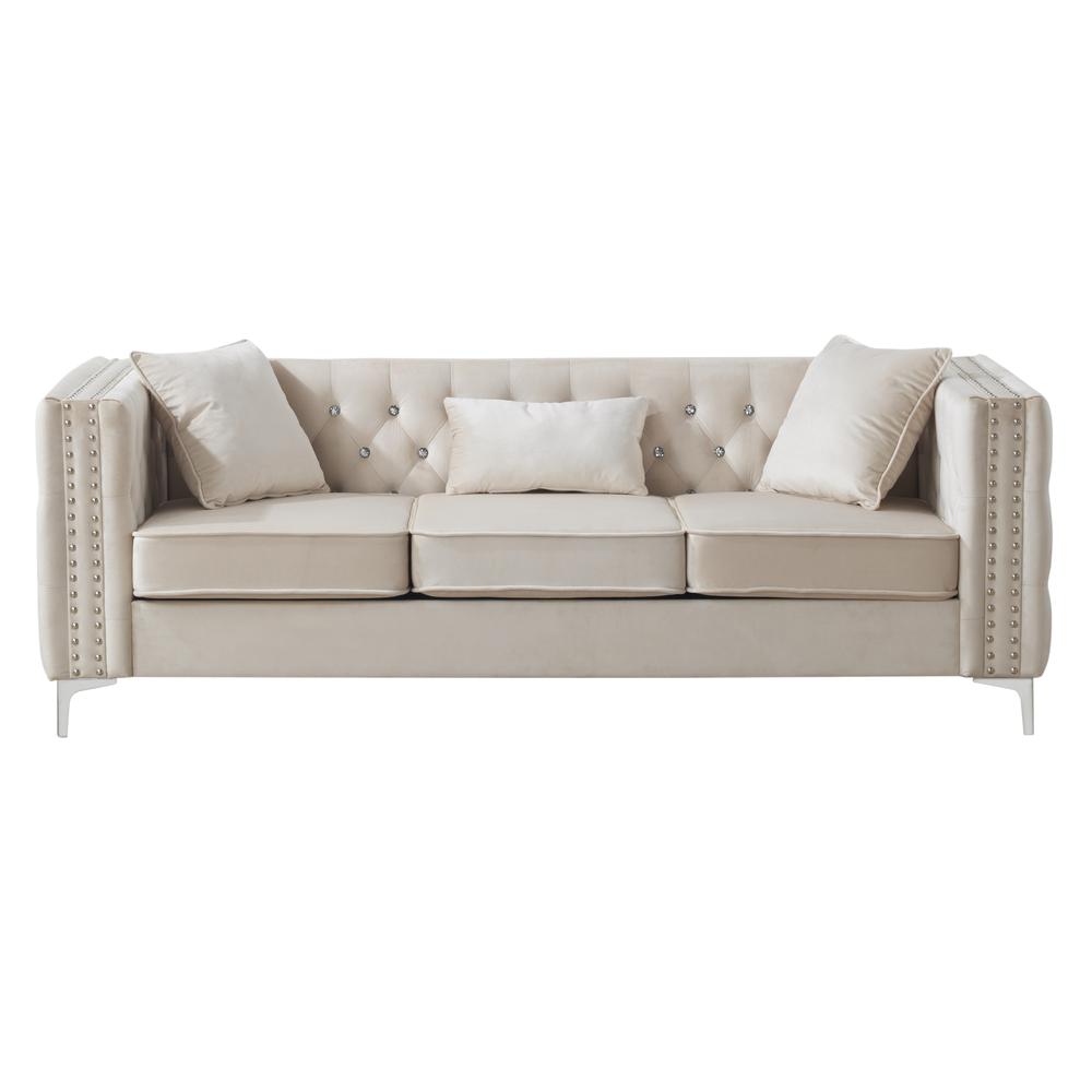 Paige 86 in. Ivory Tufted Velvet 3-Seater Sofa with 2-Throw Pillow. Picture 1