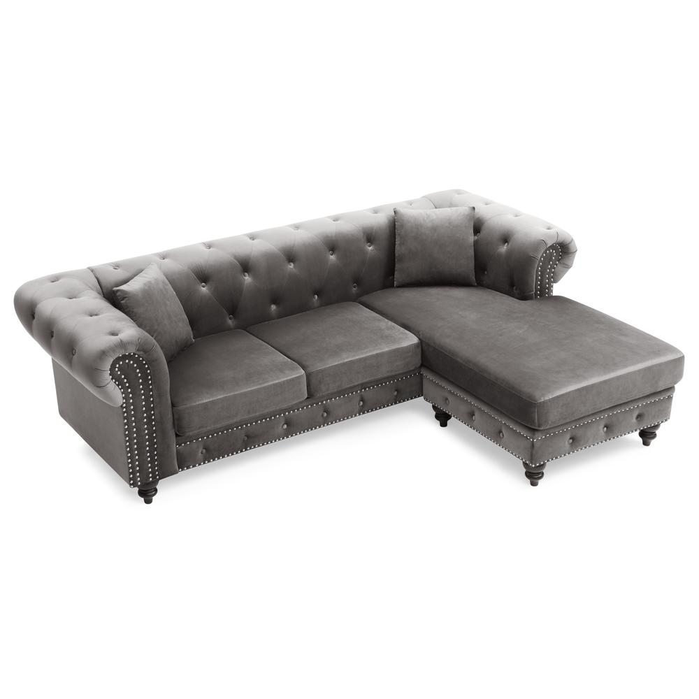 Nola 98 in. Dark Gray Velvet L-Shape 3-Seater Sofa with 2-Throw Pillow. Picture 3