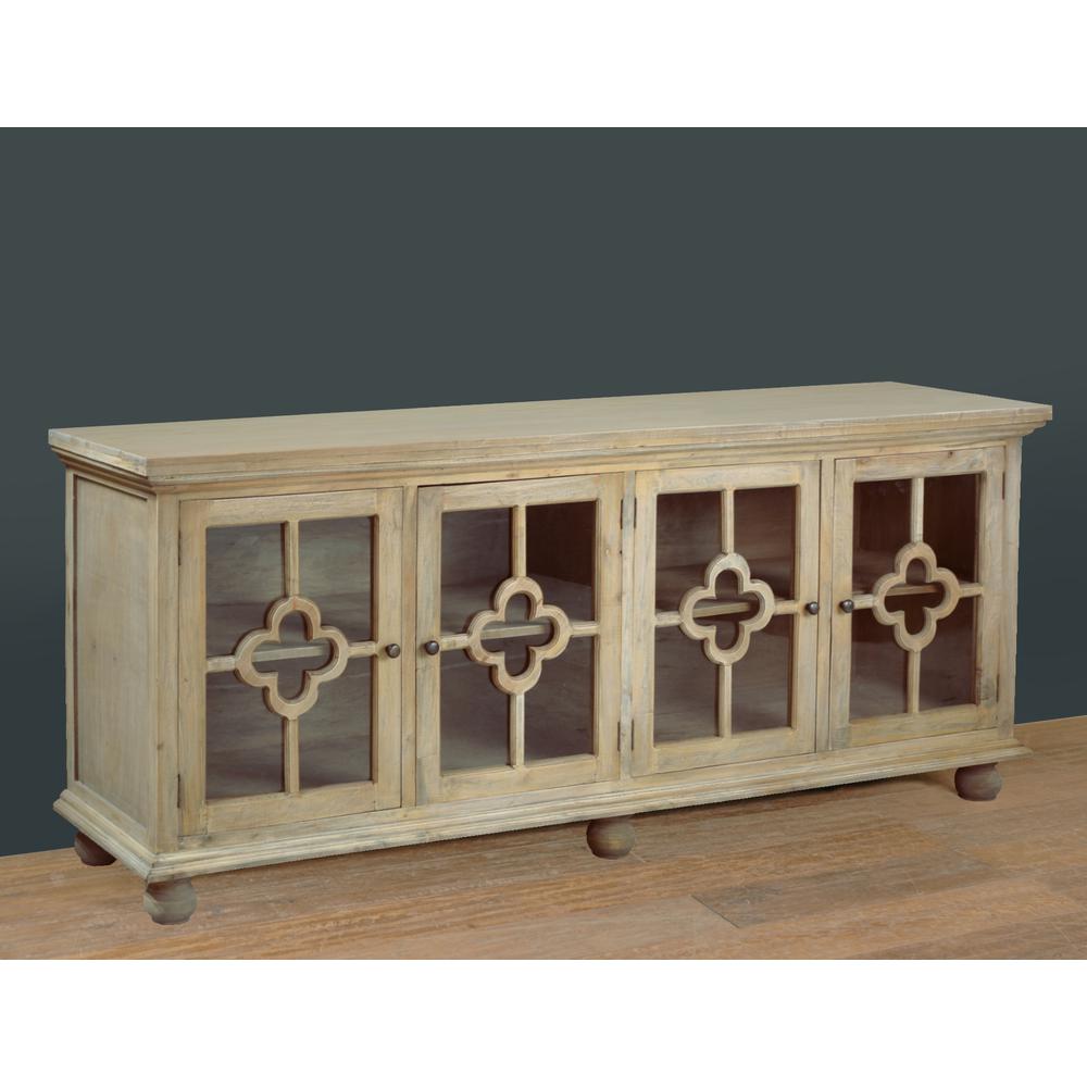 Shabby Chic Cottage 87 in. Wide Driftwood Brown Solid Wood Buffet with Clover Glass Door. Picture 8