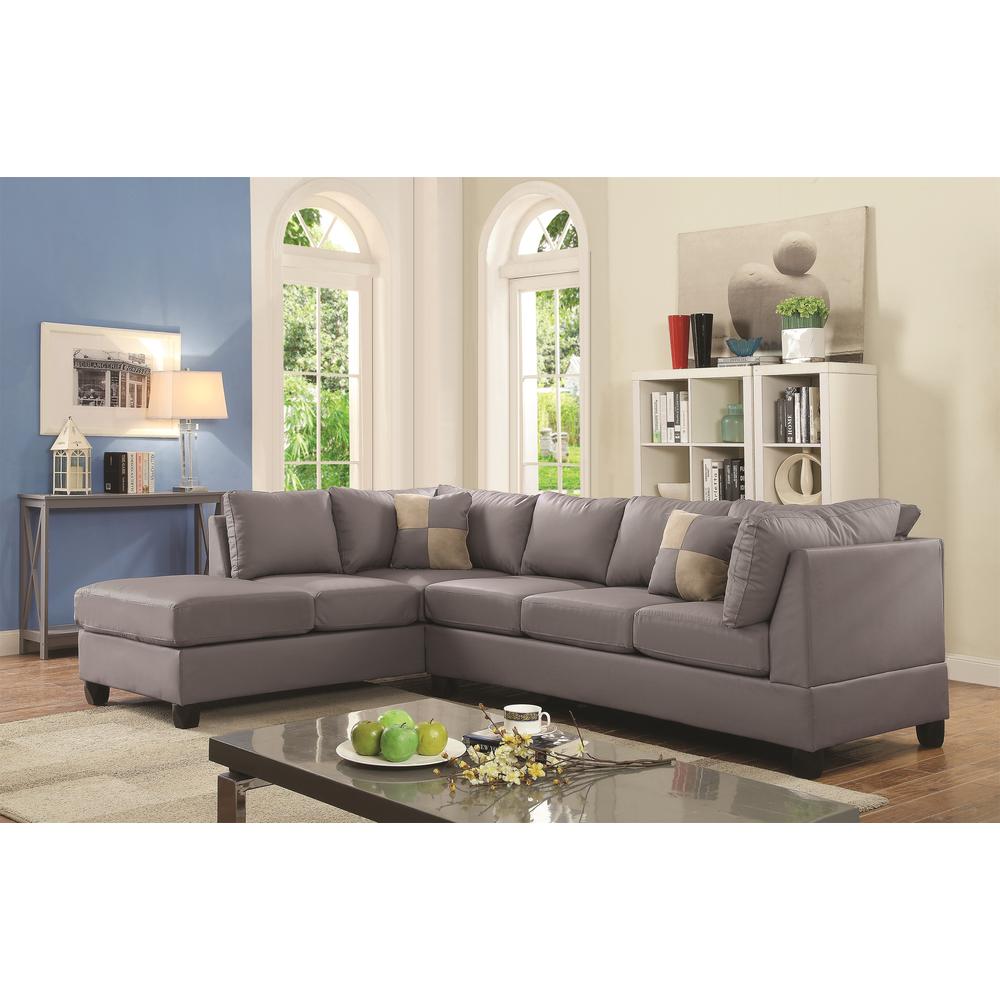 Malone 111 in. Gray Faux Leather 4-Seater Sectional Sofa with 2-Throw Pillow. Picture 2