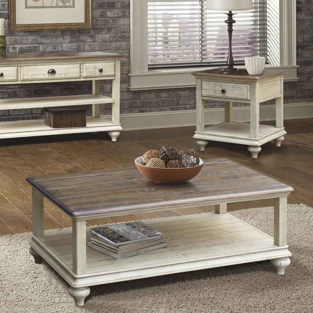 Shades of Sand 48 in. Distressed Cream Puff and Walnut Brown Rectangular Solid Wood End Table. Picture 5
