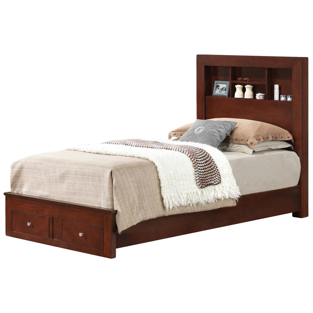 Burlington Cherry Twin Storage Platform Bed with Storage Drawers and Shelving Headboard. Picture 1