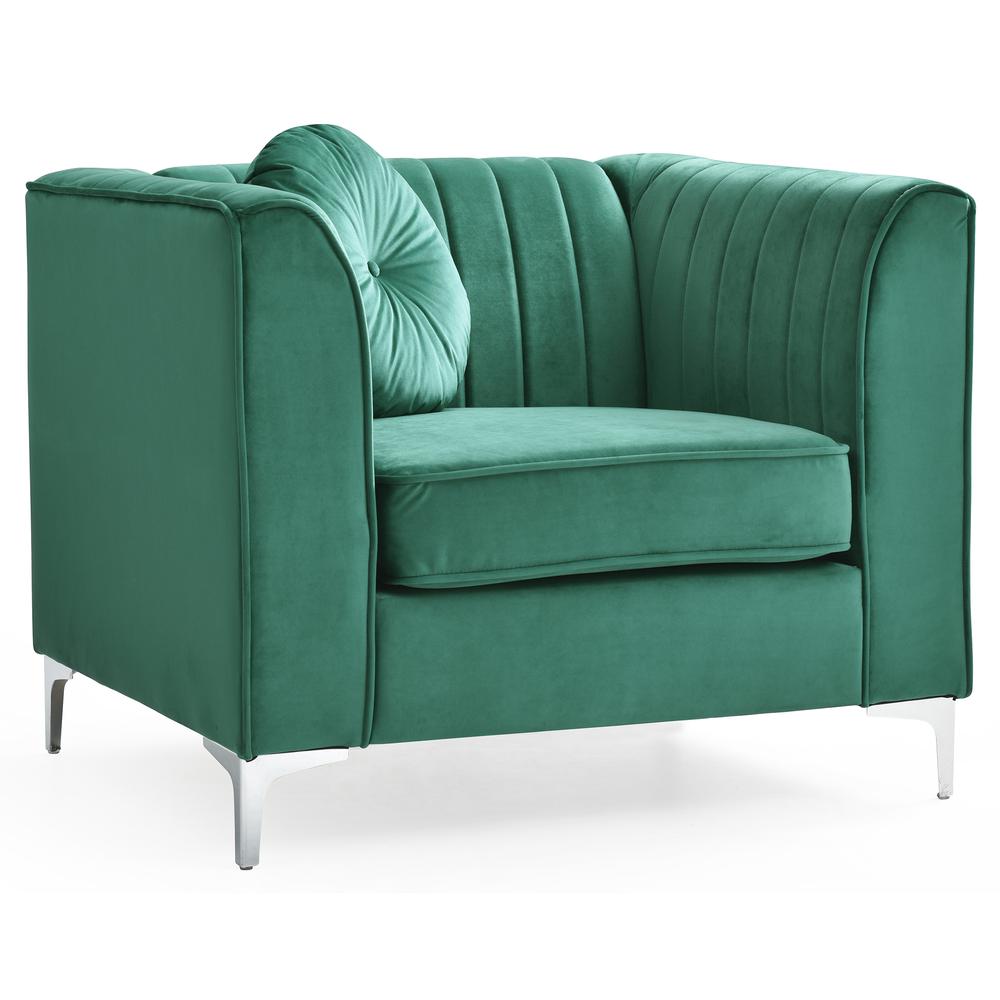Delray Green Vertical Channel Quilted Accent Chair with Round Throw Pillow. Picture 2