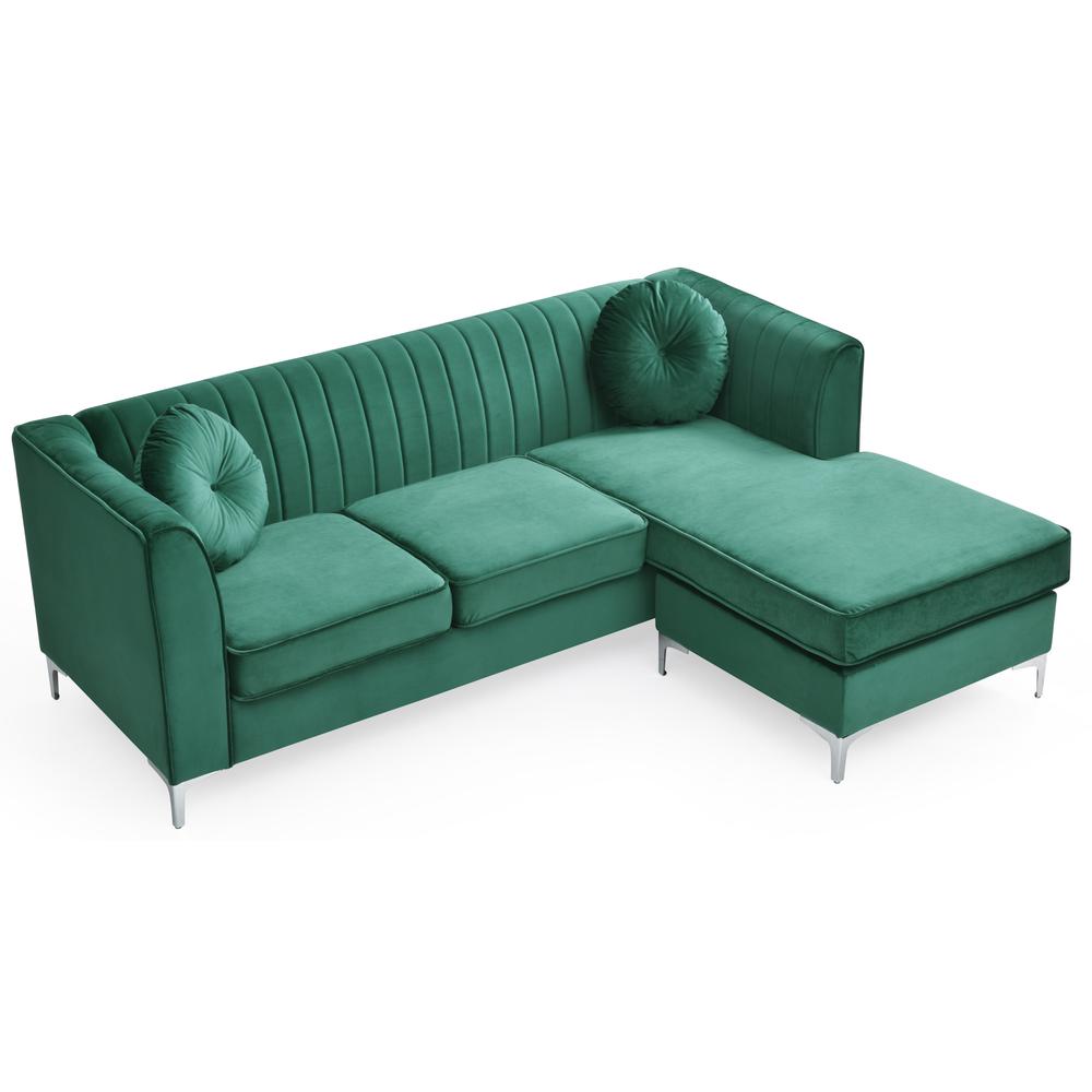 Delray 87 in. Green Velvet L-Shape 3-Seater Sectional Sofa with 2-Throw Pillow. Picture 3