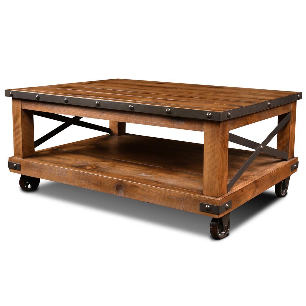 Rustic City 48.25 in. Industrial Solid Wood Coffee Table in Oak. Picture 2