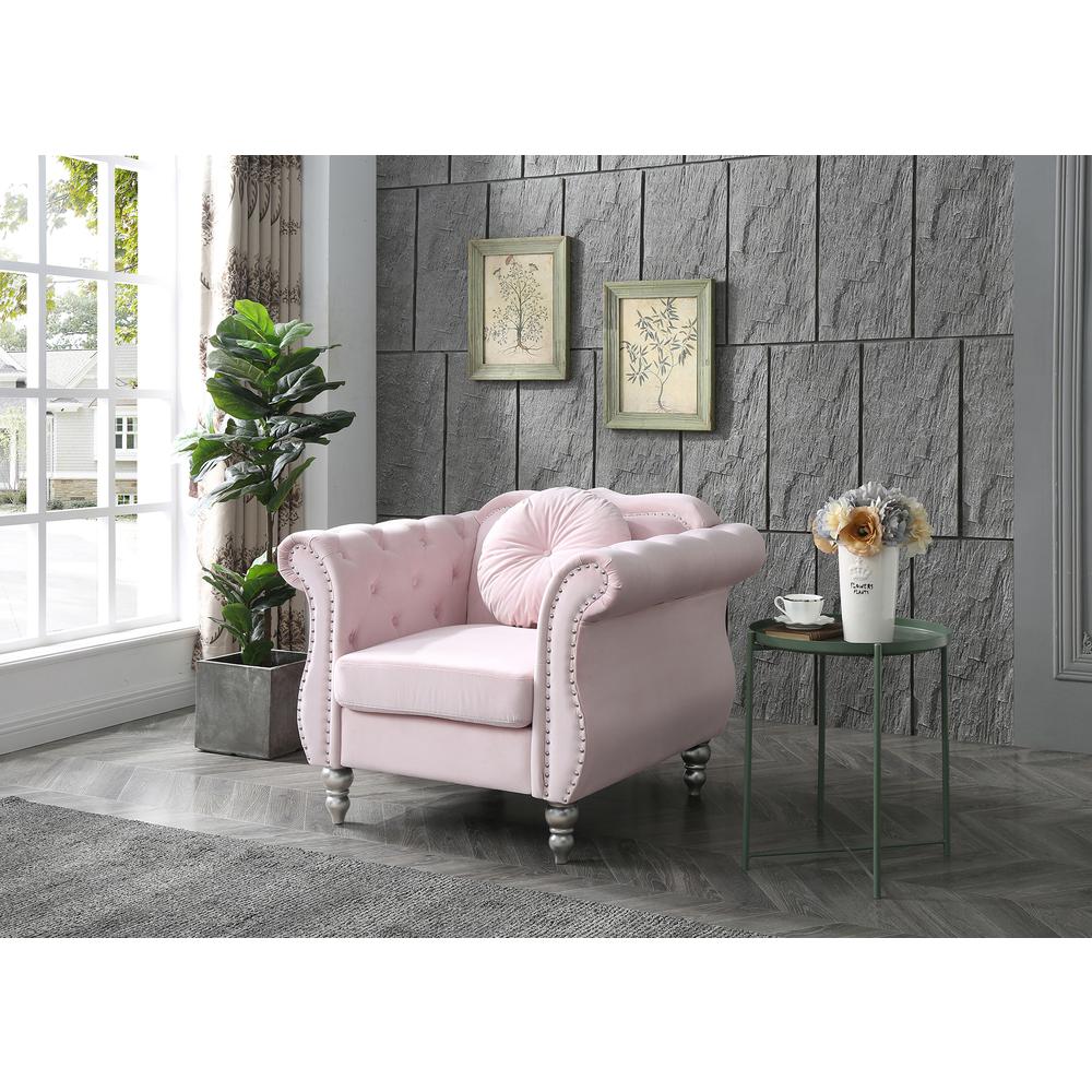 Hollywood Pink Chesterfield Tufted Velvet Accent Chair with Round Throw Pillow. Picture 5