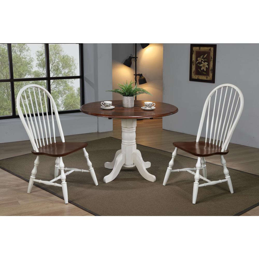 Andrews 3-Piece Round Wood Top Distressed Antique White with Chestnut Brown Dining Set. Picture 8