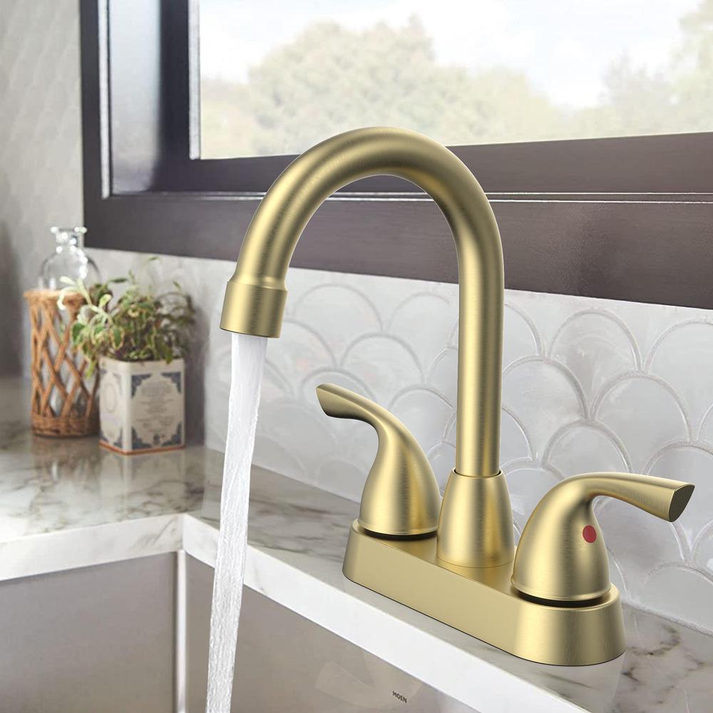 Bianca 4 in. Surface Mounted 2 Handles Bathroom Faucet with Drain Kit Included in Brushed Gold. Picture 7