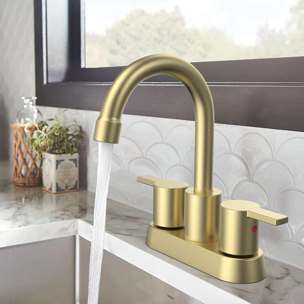 Alamo 4 in. Surface Mounted 2 Handles Bathroom Faucet with Drain Kit Included in Brushed Gold. Picture 7