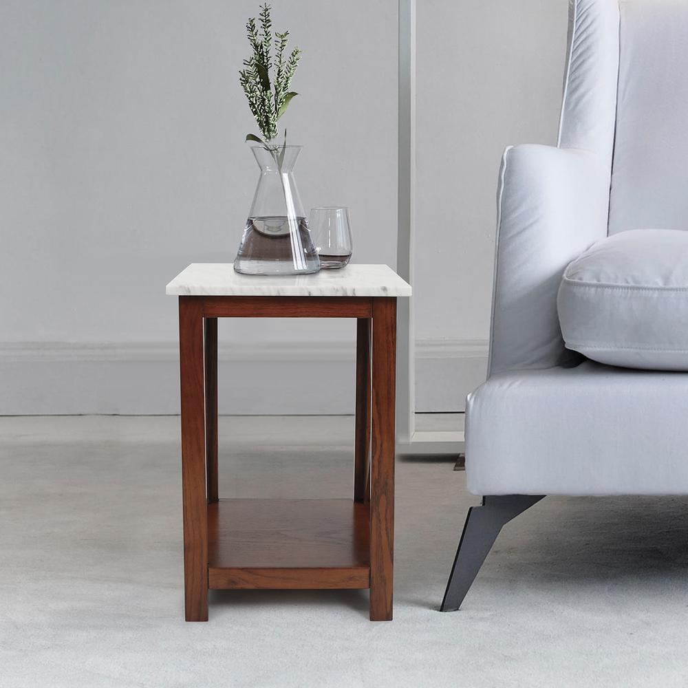 Agatha 15" Square Italian Carrara White Marble Side Table with walnut color solid wood Legs. Picture 8