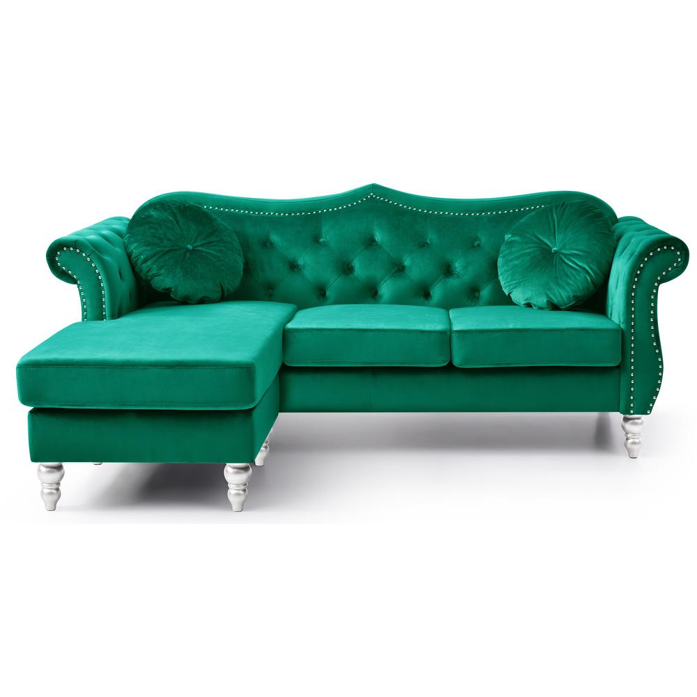 Hollywood 81 in. Green Velvet Chesterfield Sectional Sofa with 2-Throw Pillow. Picture 2