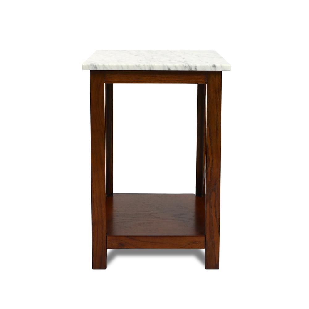 Agatha 15" Square Italian Carrara White Marble Side Table with walnut color solid wood Legs. Picture 2
