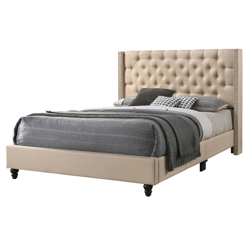 Julie Beige Tufted Upholstered Low Profile Queen Panel Bed. Picture 1