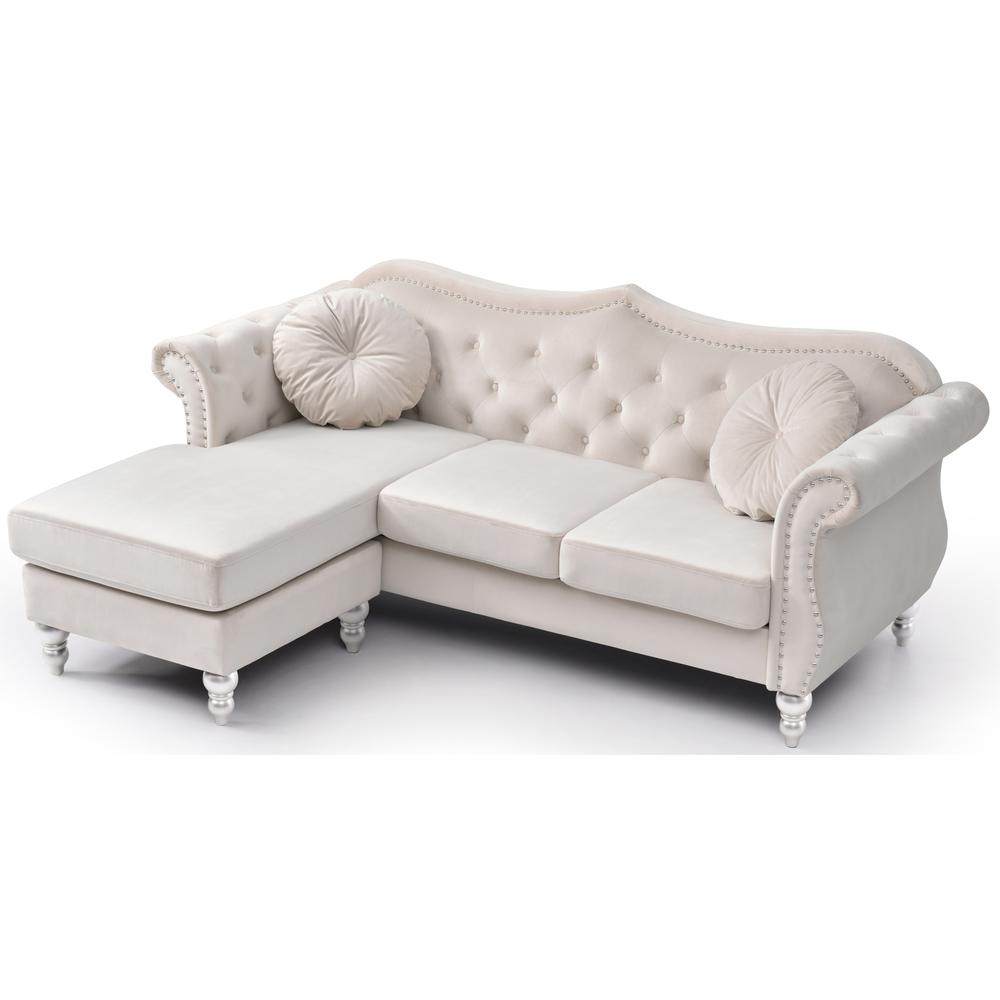 Hollywood 81 in. Ivory Velvet Chesterfield Sectional Sofa with 2-Throw Pillow. Picture 3